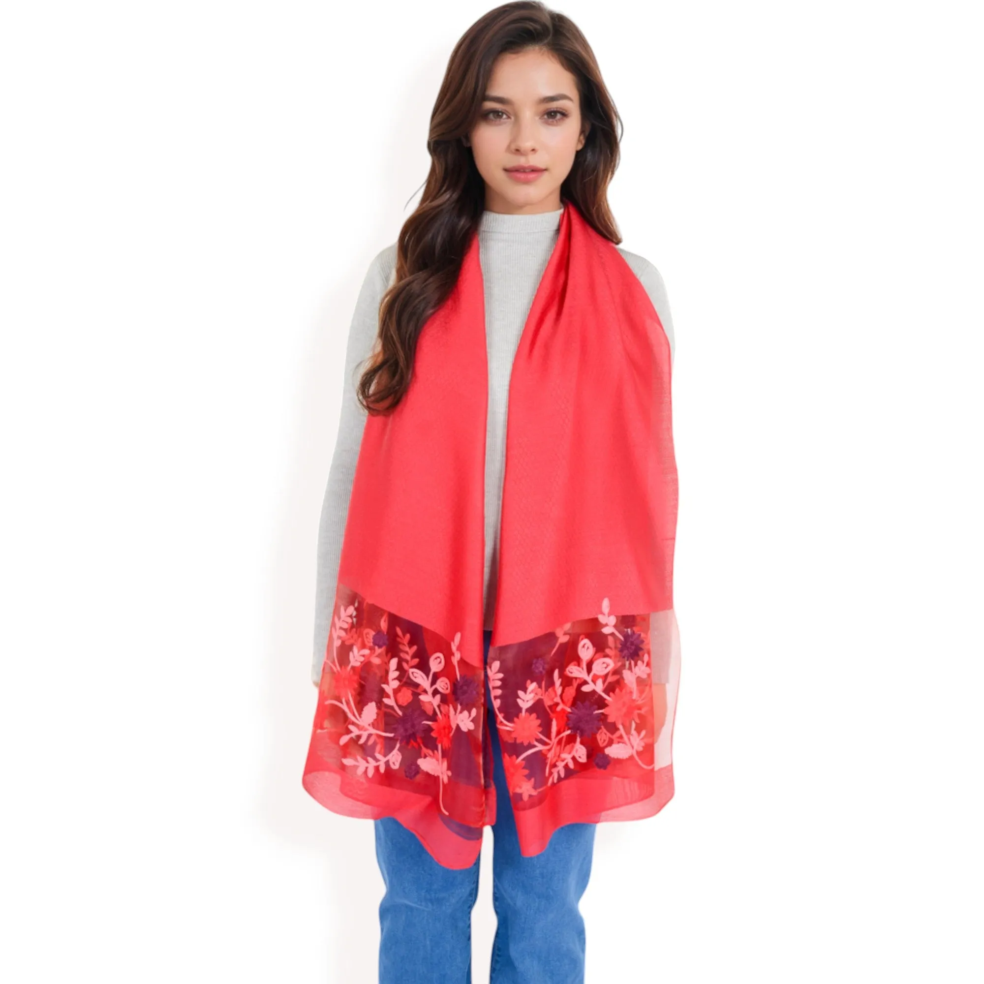 Women's Elegant Floral Scarf with Lightweight Textured Fabric Overlay for Sophisticated Style