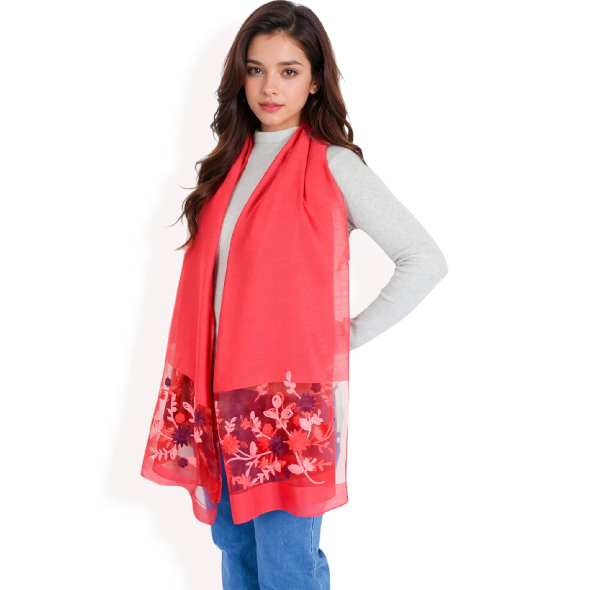 Women's Elegant Floral Scarf with Lightweight Textured Fabric Overlay for Sophisticated Style