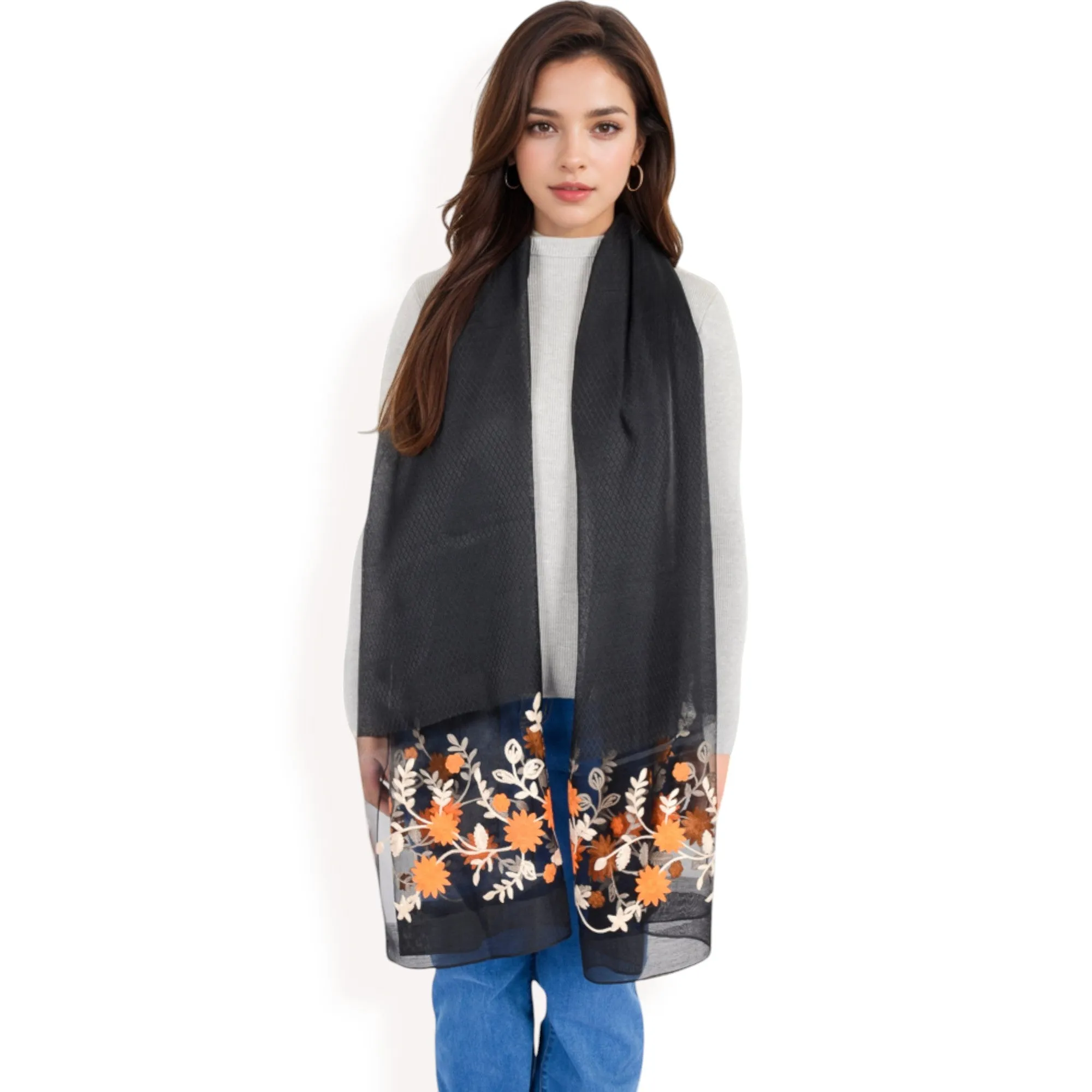 Women's Elegant Floral Scarf with Lightweight Textured Fabric Overlay for Sophisticated Style