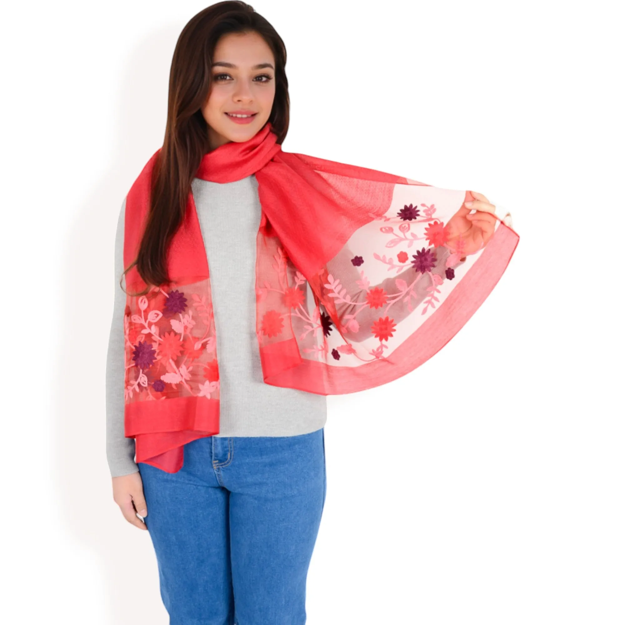 Women's Elegant Floral Scarf with Lightweight Textured Fabric Overlay for Sophisticated Style