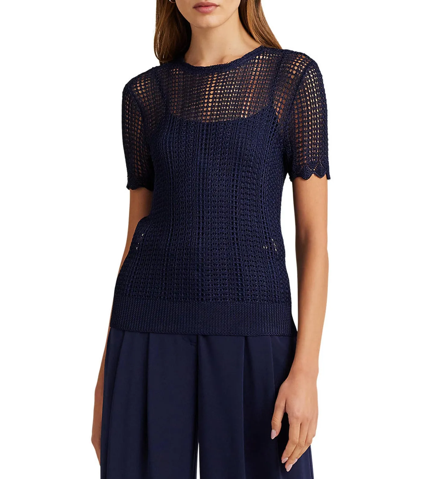 Women's Pointelle-Knit Short-Sleeve Sweater Refined Navy