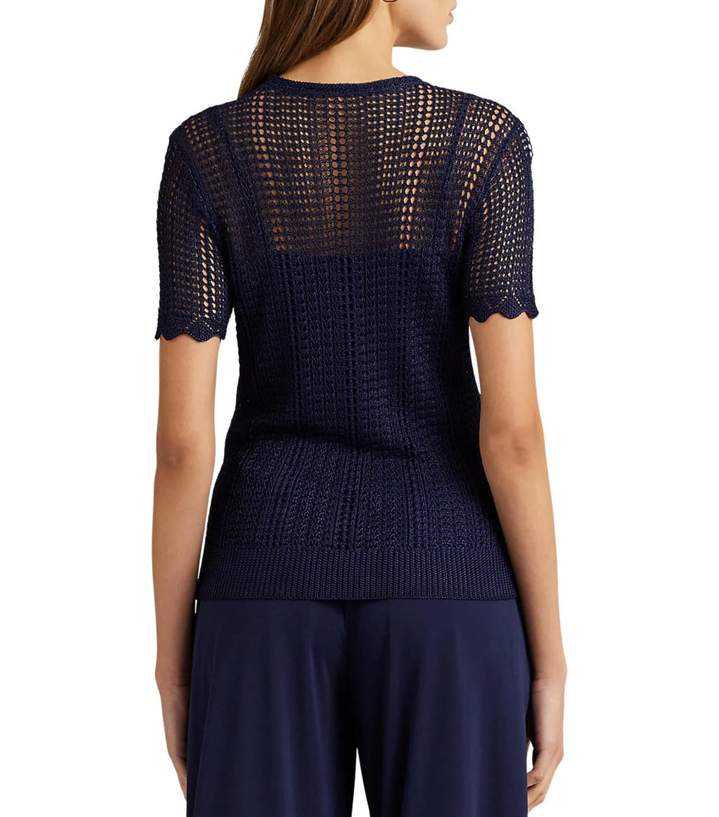 Women's Pointelle-Knit Short-Sleeve Sweater Refined Navy