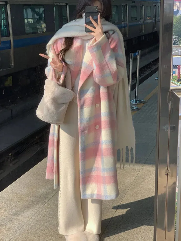 Woolen Loose Plaid Long Trench Jacket