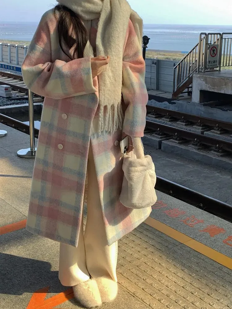 Woolen Loose Plaid Long Trench Jacket