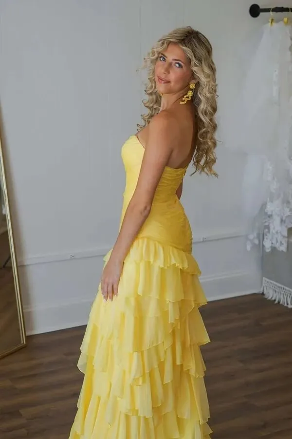 Yellow Chiffon A-line Strapless Ruffled Long Prom Dresses With Slit, SLP021