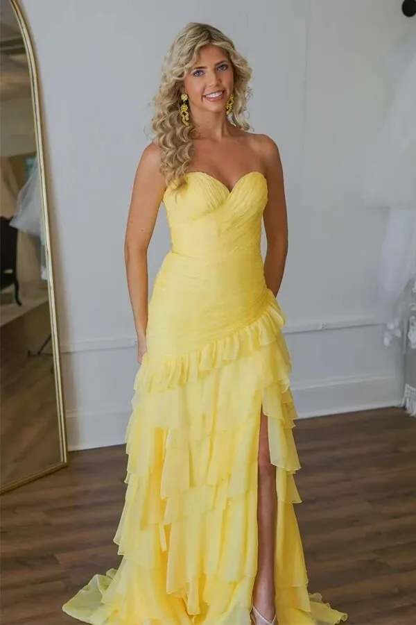 Yellow Chiffon A-line Strapless Ruffled Long Prom Dresses With Slit, SLP021