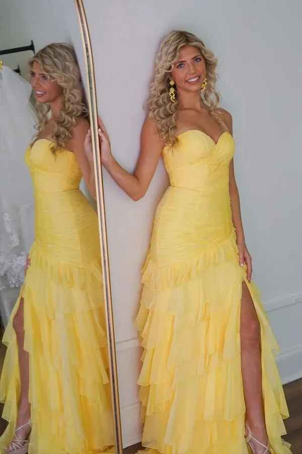 Yellow Chiffon A-line Strapless Ruffled Long Prom Dresses With Slit, SLP021