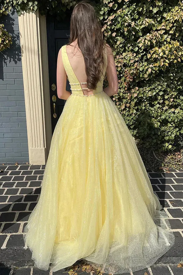 Yellow Shiny Tulle A-line Prom Dresses With Beading, Evening Dresses, SP995